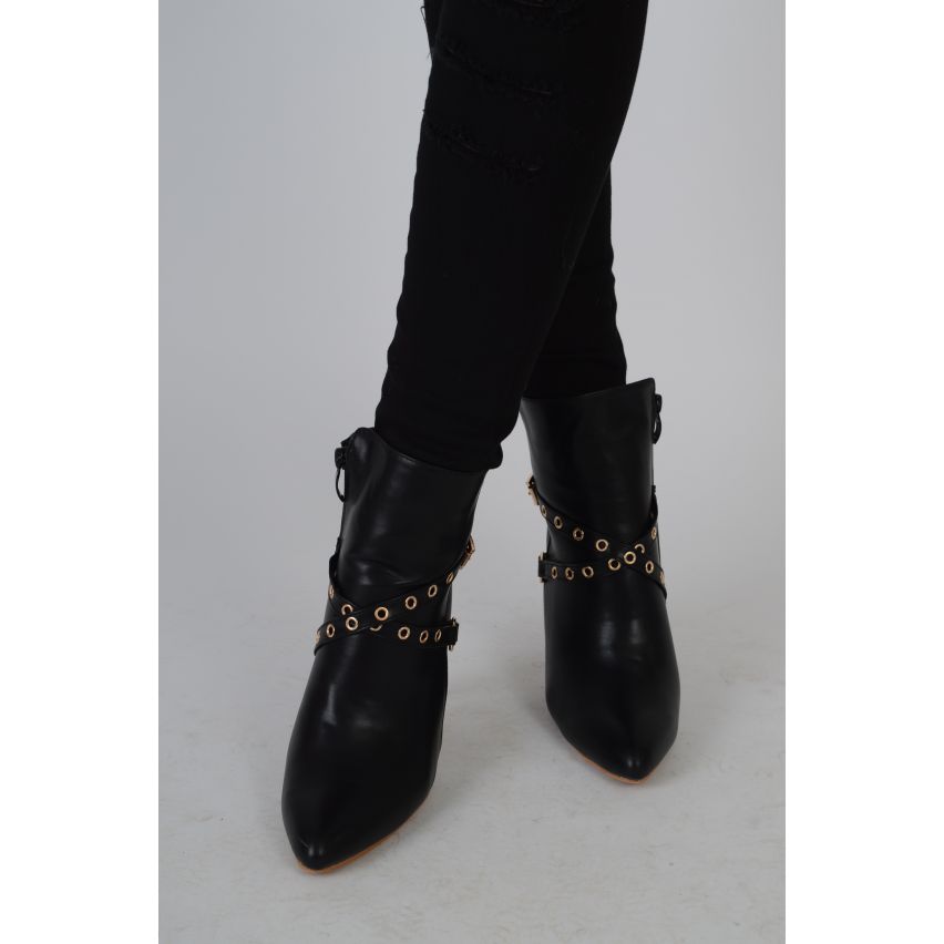 LMS Black Leather Heeled Boots With Studded Gold Cross Over Strap