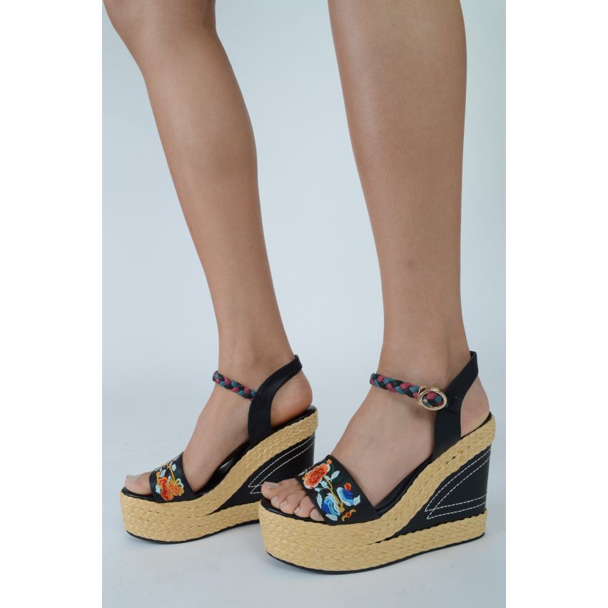 LMS Woven Heel Wedges In Black With Floral Embroidery