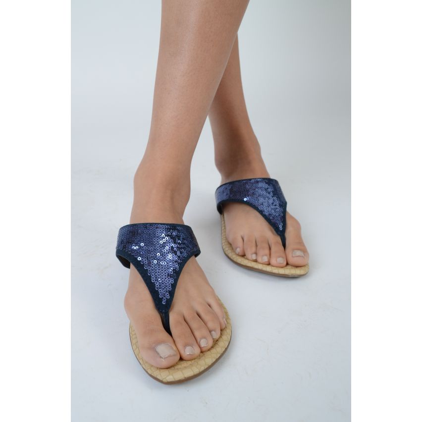 Lovemystyle blå över hela Glitter fotled Flip Flop sandaler