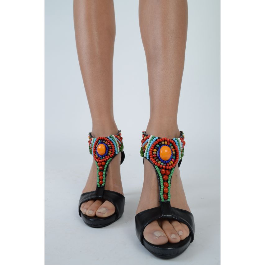 Lovemystyle Heeled Sandals With Multi Coloured Beaded Ankle Strap