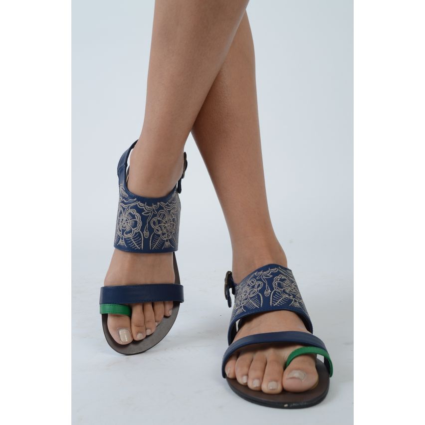 Sandali in pelle blu LMS con cuciture e verde Toe Strap