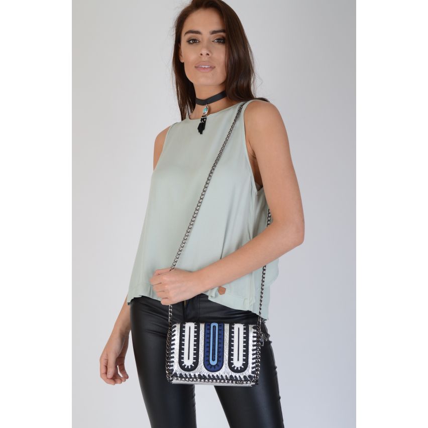 Lovemystyle Silver Handbag With Blue And White Patches