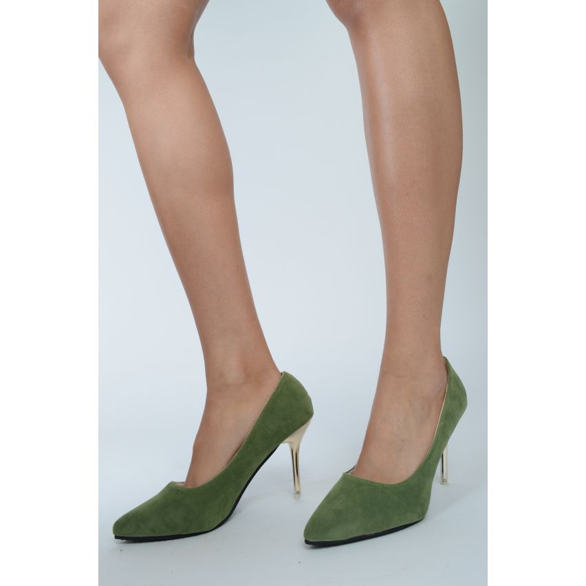 LMS Green Suede Heels With Pointed Toe And Gold Metallic Heel