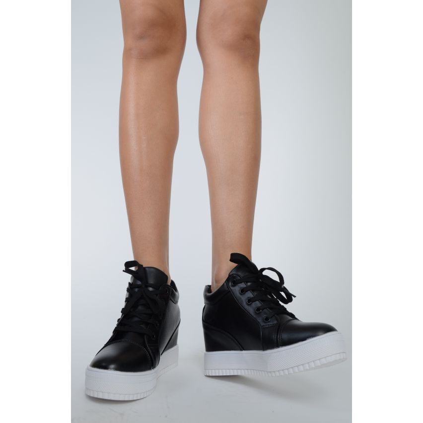 Lovemystyle Faux Leather High Top Wedged Trainers In Black
