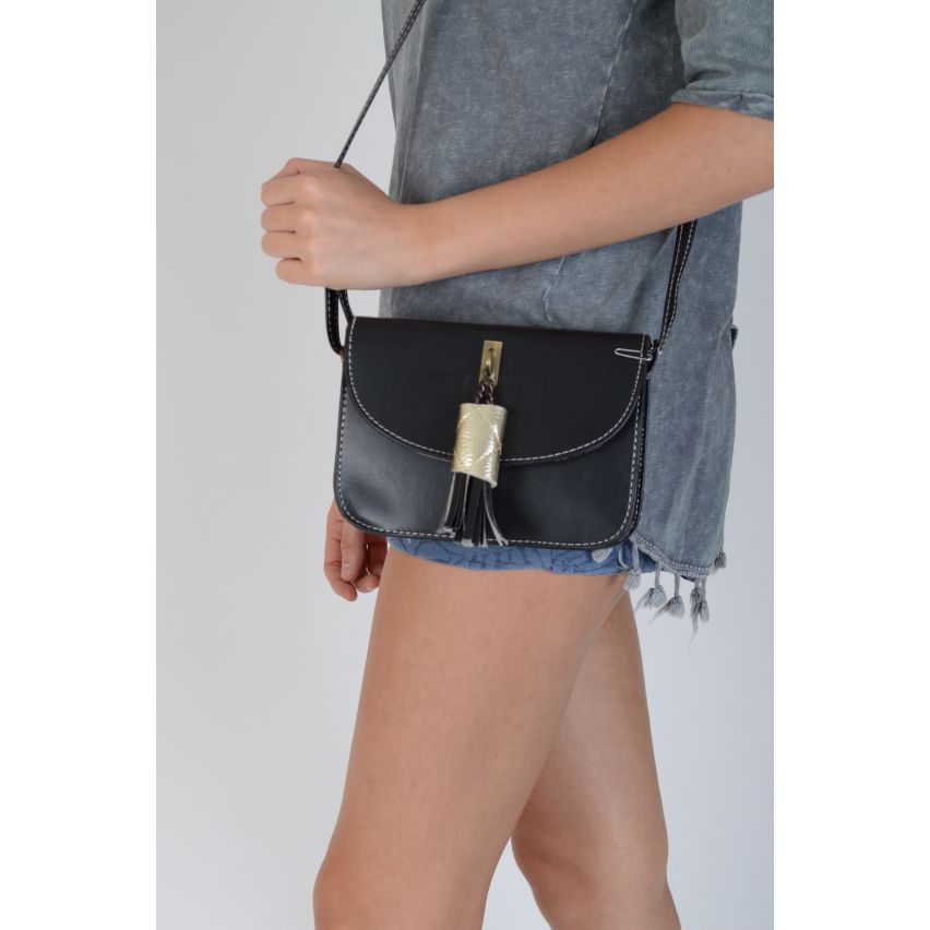 Lovemystyle Small Black Side Bag With Large Gold Tassel