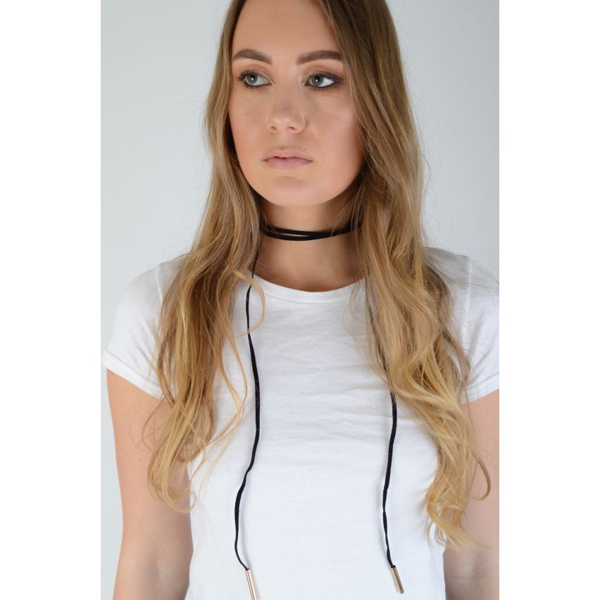 Lovemystyle Faux Suede String Necklace With Gold Metal In Black