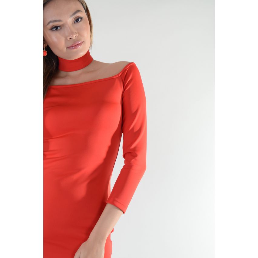 Lovemystyle Red Long Sleeve Bodycon Dress With Choker - SAMPLE
