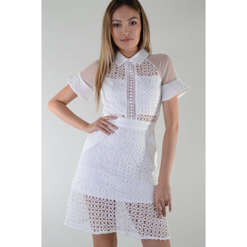 LMS White Lace Shirt Dress With Short Sleeves