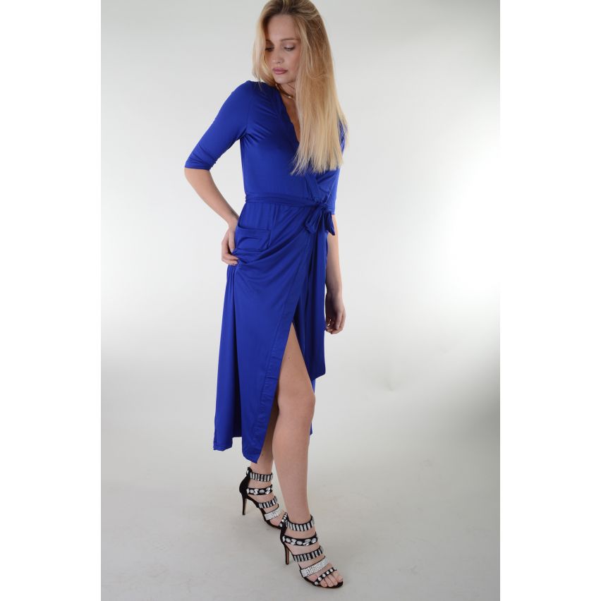 Lovemystyle Blue Midi Length Wrap Dress With Tie Waist - SAMPLE
