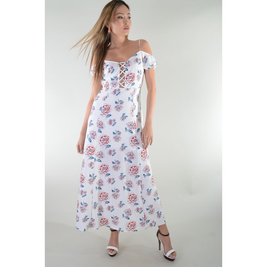 Lovemystyle weißen Maxi-Kleid mit Blumenmuster und Spitze vorne