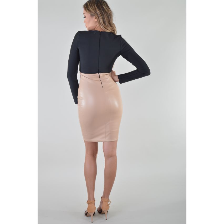 LMS Nude Leather Look Dress With Contrast Long Sleeve Top