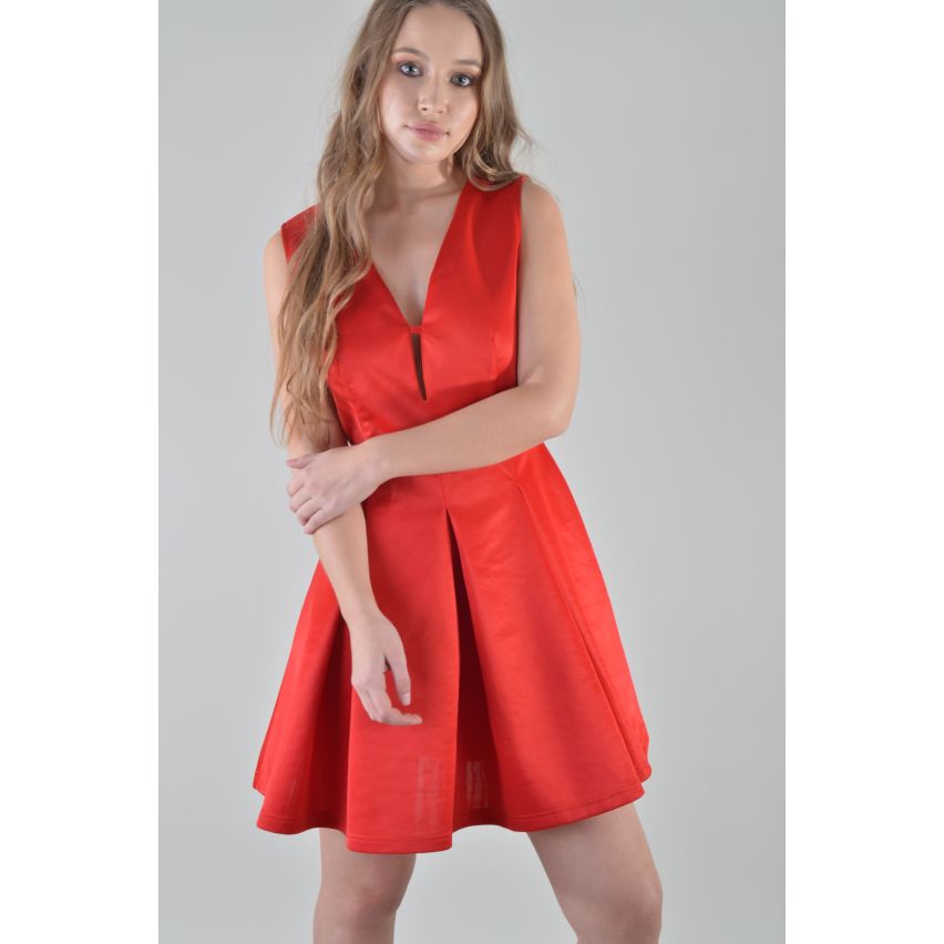 Lovemystyle Scuba V-Back Pleated Skater Dress In Red - SAMPLE