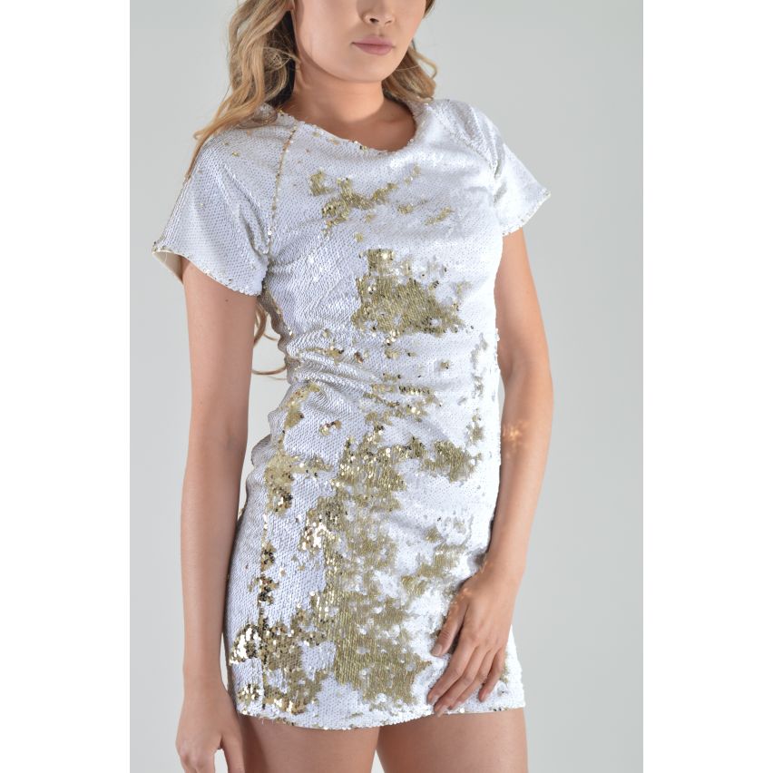Lovemystyle weiß und Gold Pailletten T-shirt Etuikleid