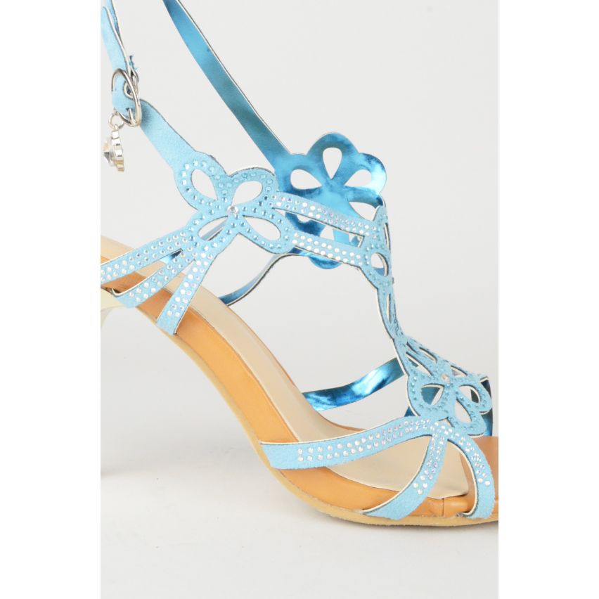 LMS Kitten Heel Sandal With Floral Laser Cutout Design In Blue
