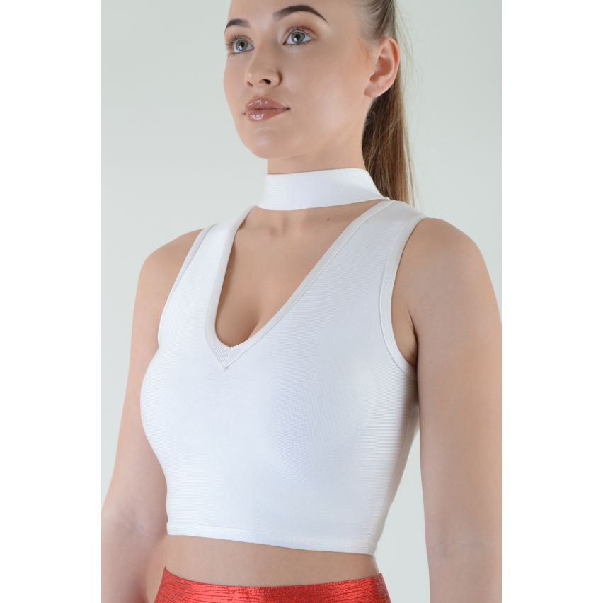 Lovemystyle White Bandage Material Crop Top With Zip Back