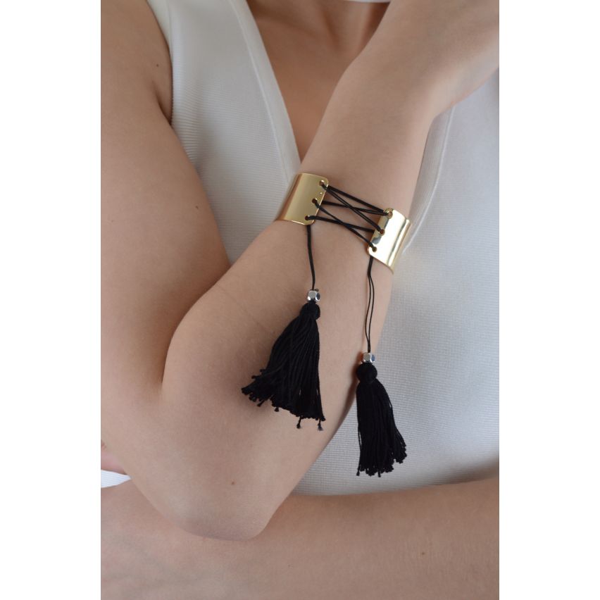 Lovemystyle Thick Gold Bangle With Black Tassels