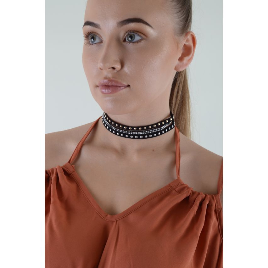 Lovemystyle zwarte Triple riem Choker met metalen Studs