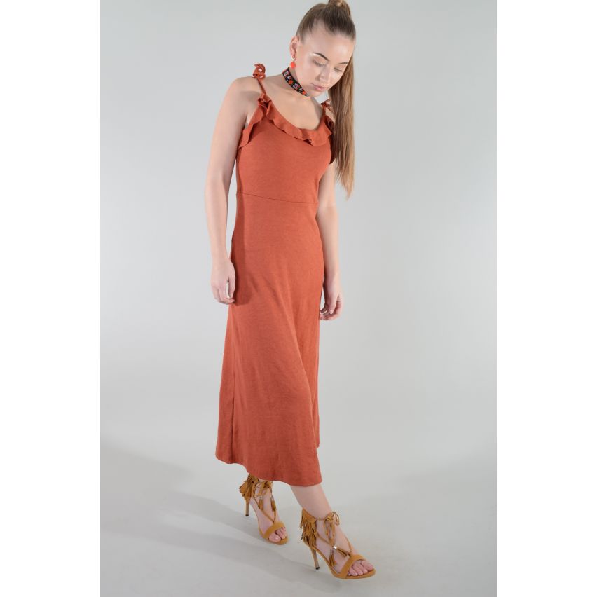 LMS Cotton Maxi Dress In Copper With Neck Line Frill Detail