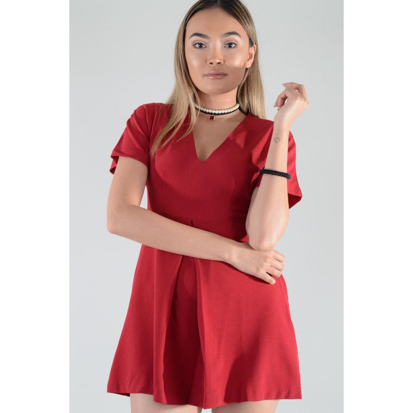 Lovemystyle Red Short Sleeve V-Neck Skater Dress - SAMPLE