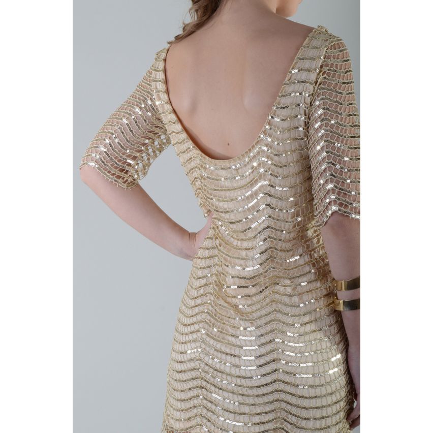 Lovemystyle Gold Scalloped Sequin Dress With 3/4 Length Sleeves - SAMPLE