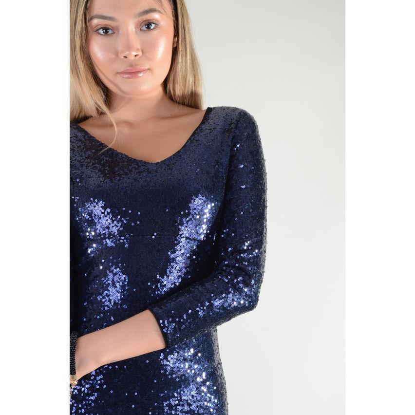 Lovemystyle Langarm kurzen blauen Paillettenkleid