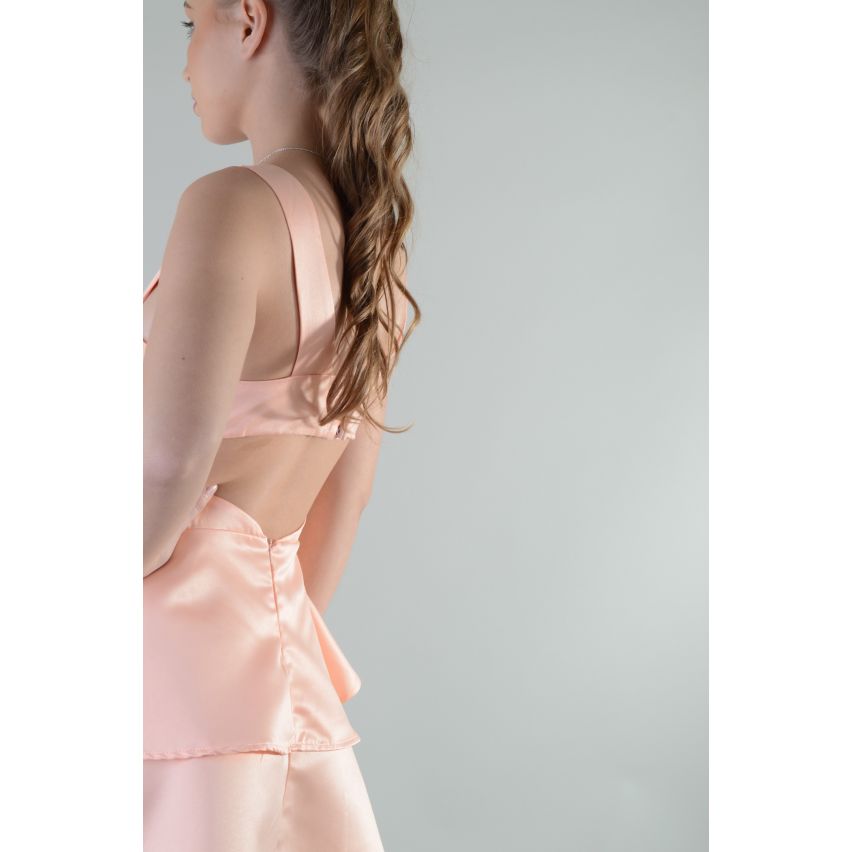LMS-Pfirsich rückenfrei Satin Skater-Kleid mit doppelter Rüsche Rock