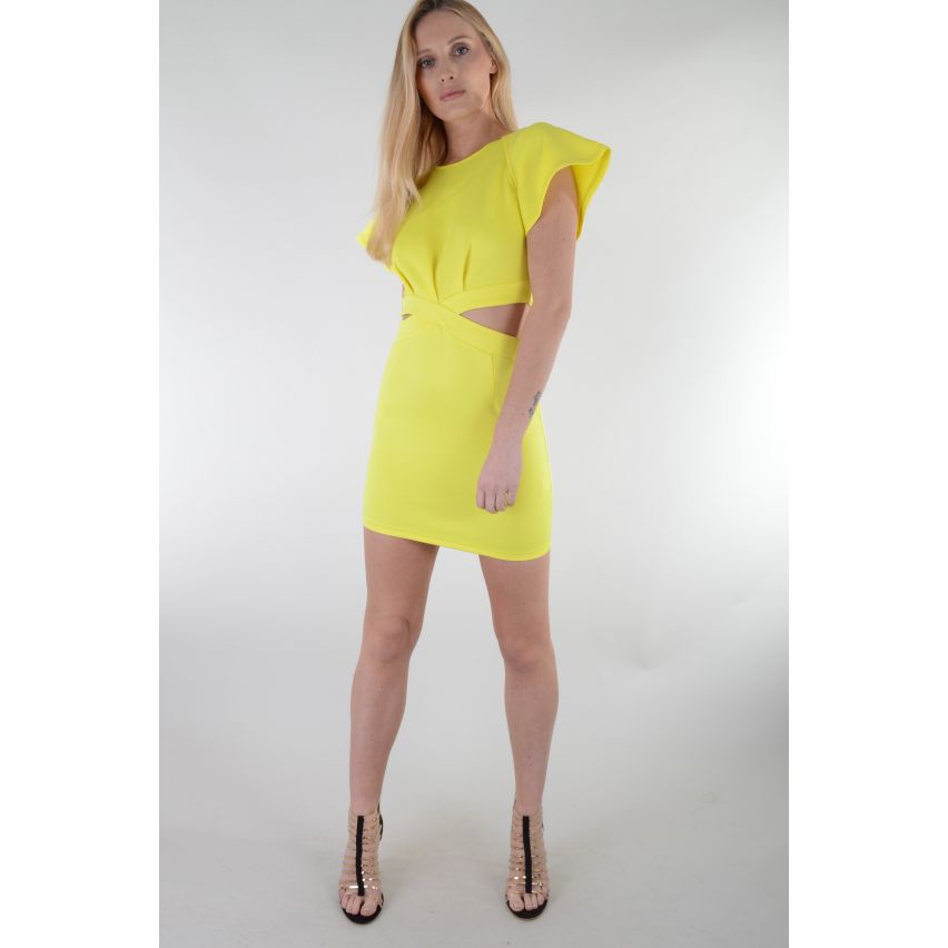 Lovemystyle Short Yellow Dress With Cut Outs And Frill Sleeves