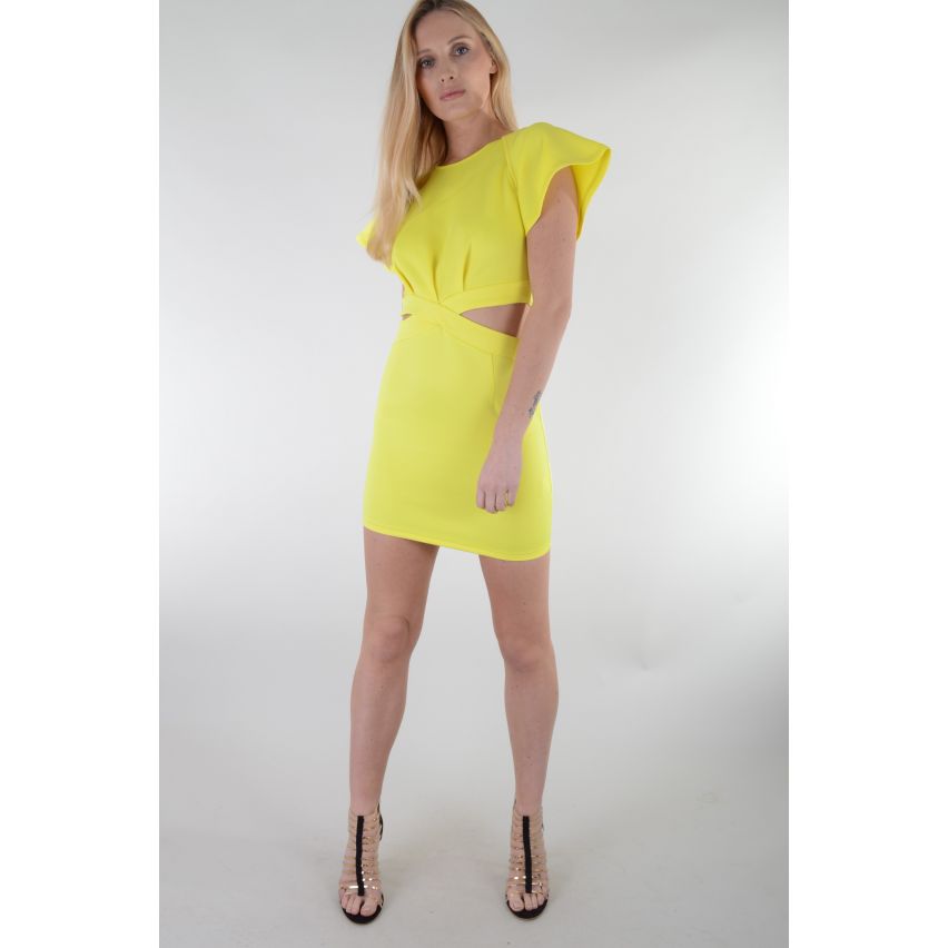 Lovemystyle courte jaune robe avec coupe Outs et jabot manches