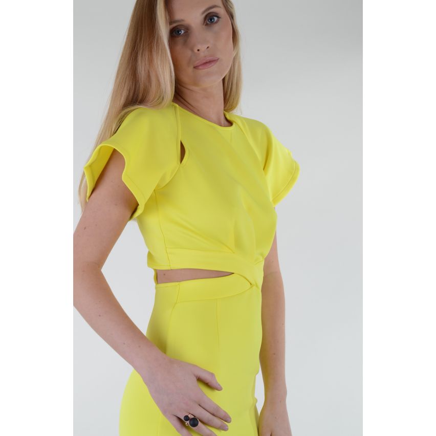 Lovemystyle kurze gelbe Kleid mit Cut Outs und Rüschen-Ärmeln