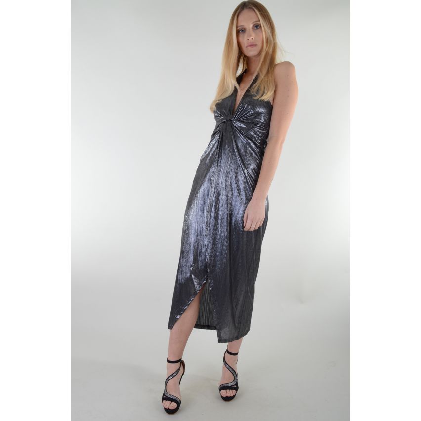 Lovemystyle Metallic Silver Halterneck Maxi Dress With Twist - SAMPLE
