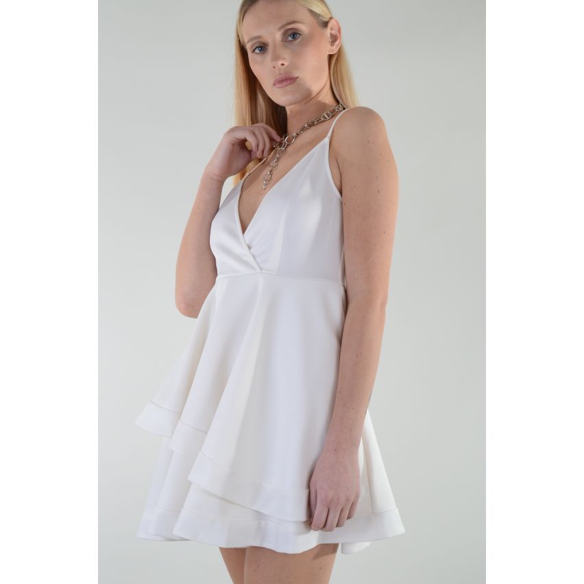 Lovemystyle Scuba White Skater Dress With Plunge Neckline