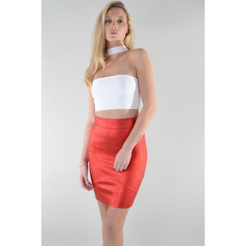 Lovemystyle Red Metallic Bandage Skirt With Seamless Zip - SAMPLE