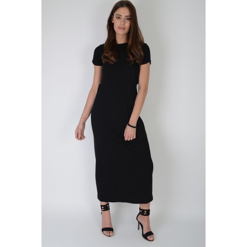Lovemystyle Black Maxi Dress With Back Twist And Short Sleeves - SAMPLE