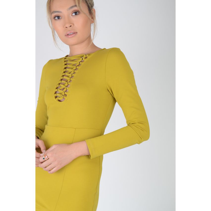LMS Senf gelb figurbetontes Kleid mit Spitze Ausschnitt und Split Saum