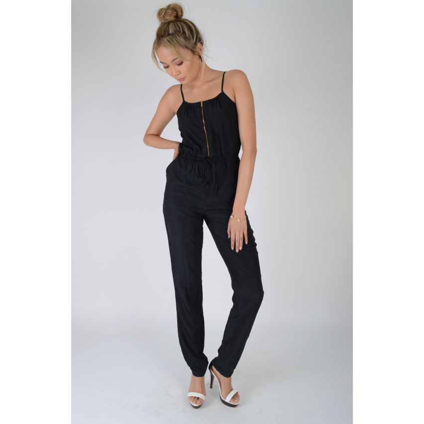 Lovemystyle negro Dungaree estilo mono con cremallera plata frontal - muestra