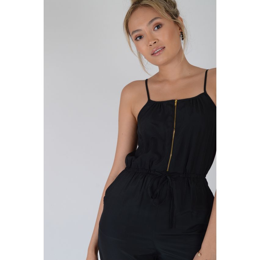 Lovemystyle negro Dungaree estilo mono con cremallera plata frontal - muestra