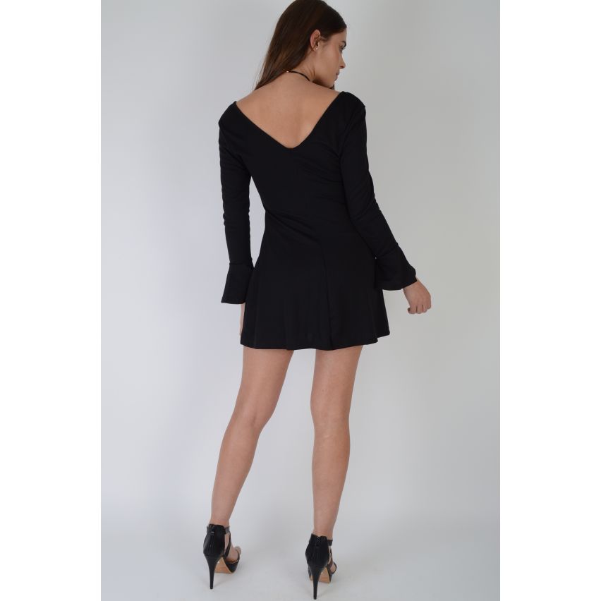 Lovemystyle Bell Long Sleeved Black Skater Dress With Plunge Neck