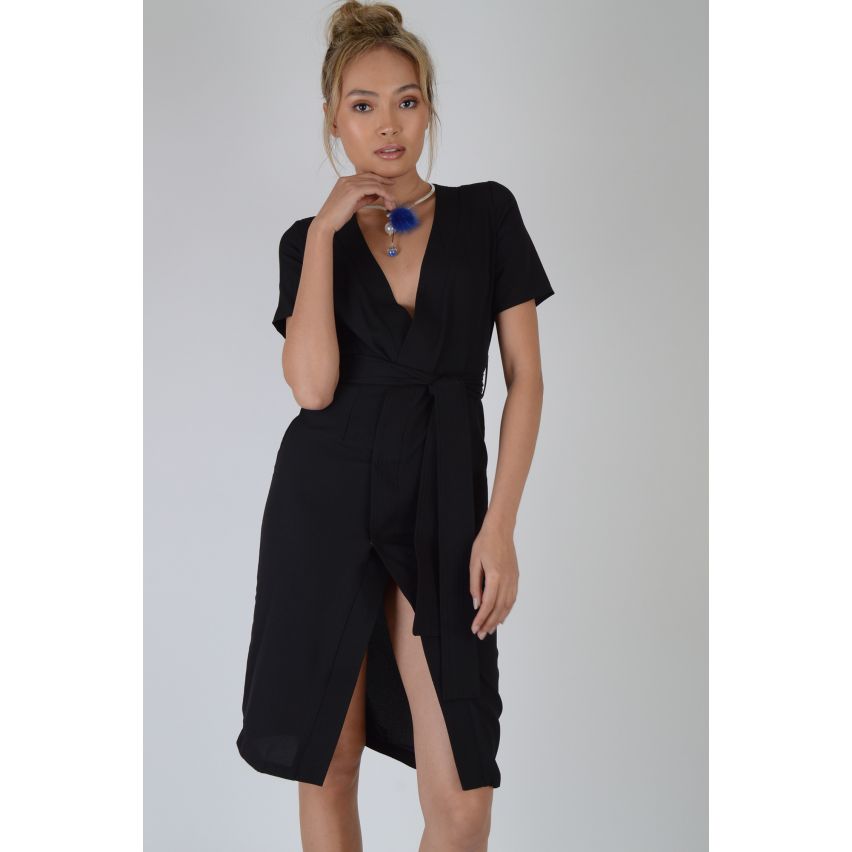 Lovemystyle negro vestido Kimono con lazo en la cintura - muestra