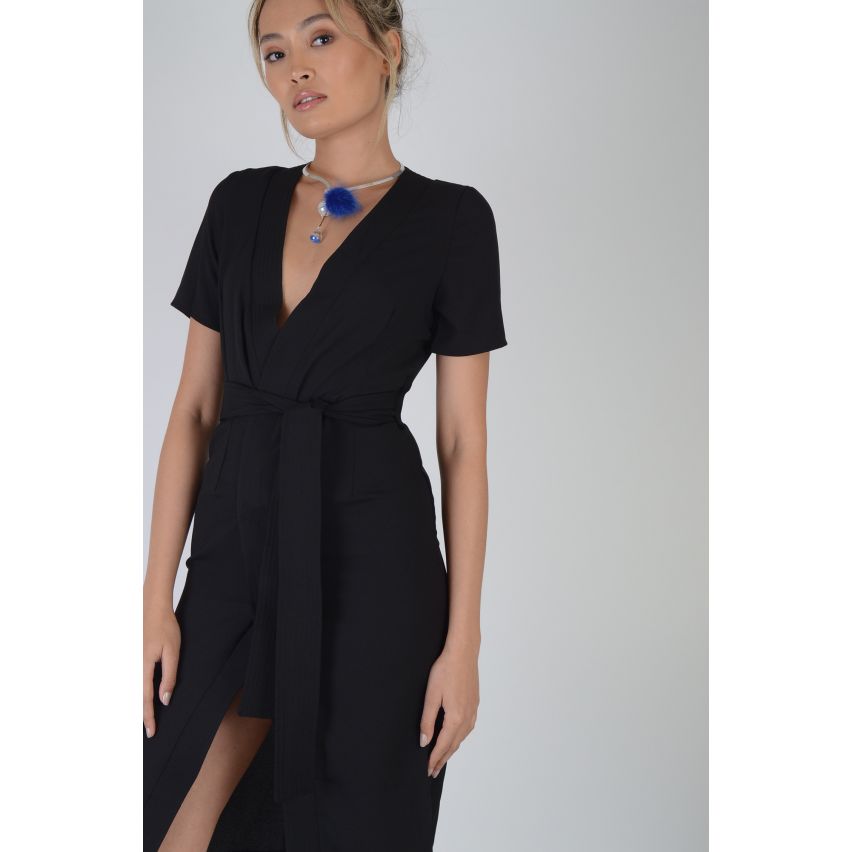 Lovemystyle Black Kimono Wrap Dress With Tie Waist - SAMPLE