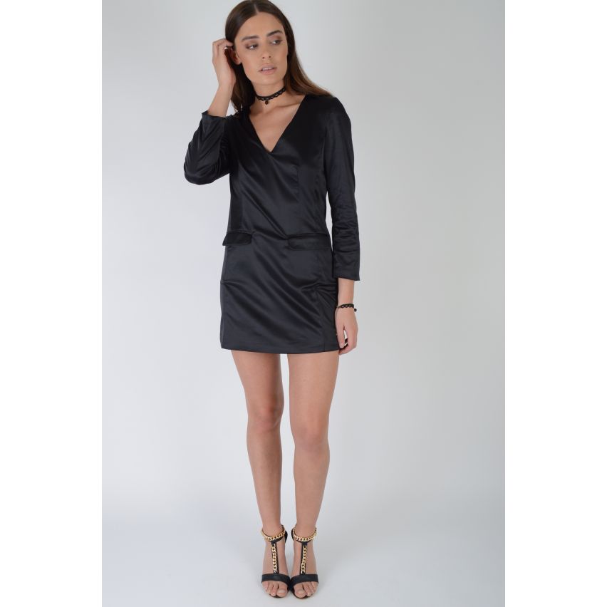 Lovemystyle Silky Plunge Shift Dress With Side Pockets In Black