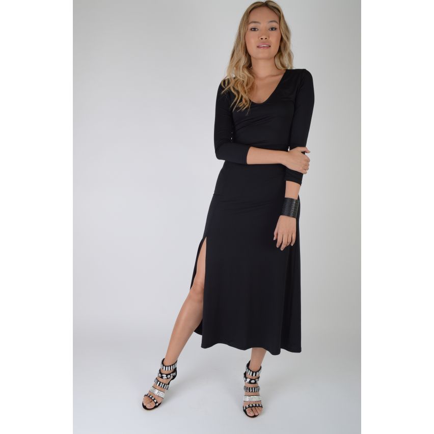 Lovemystyle Black Midi Dress With Long Sleeves And Side Split - SAMPLE
