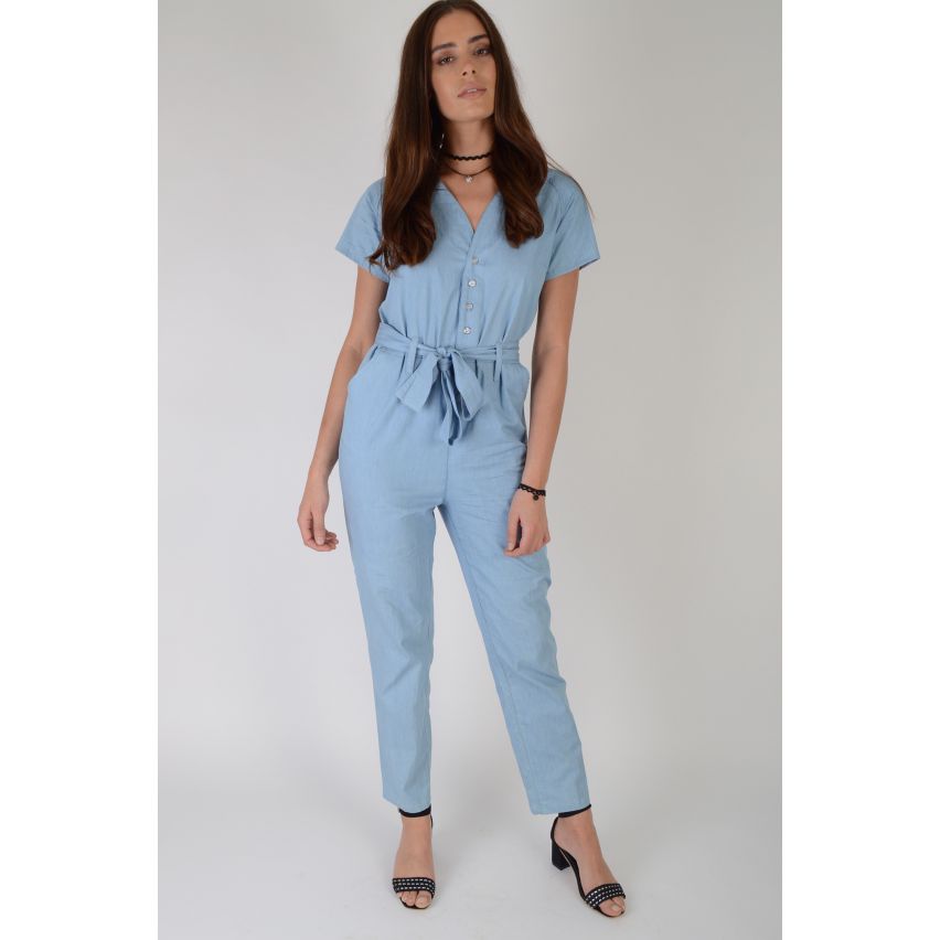Lovemystyle Denim Jumpsuit With Button Down Front And Tie Waist - SAMPLE