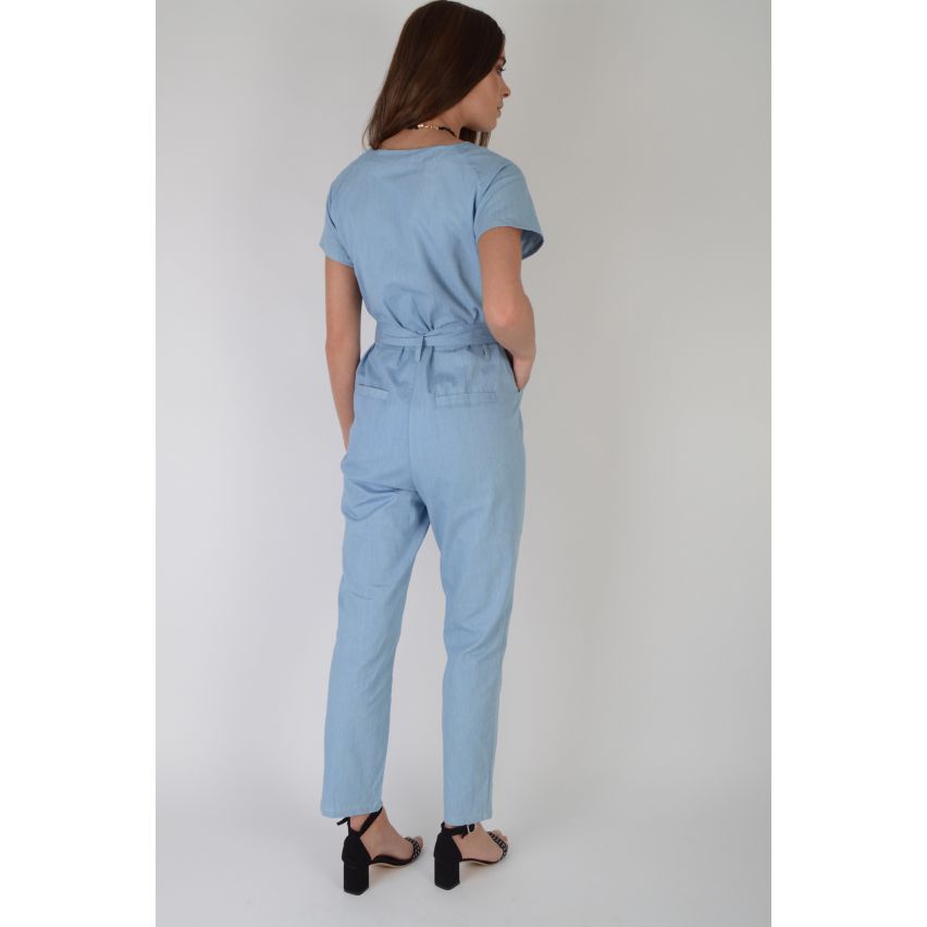 Lovemystyle Denim Jumpsuit With Button Down Front And Tie Waist - SAMPLE