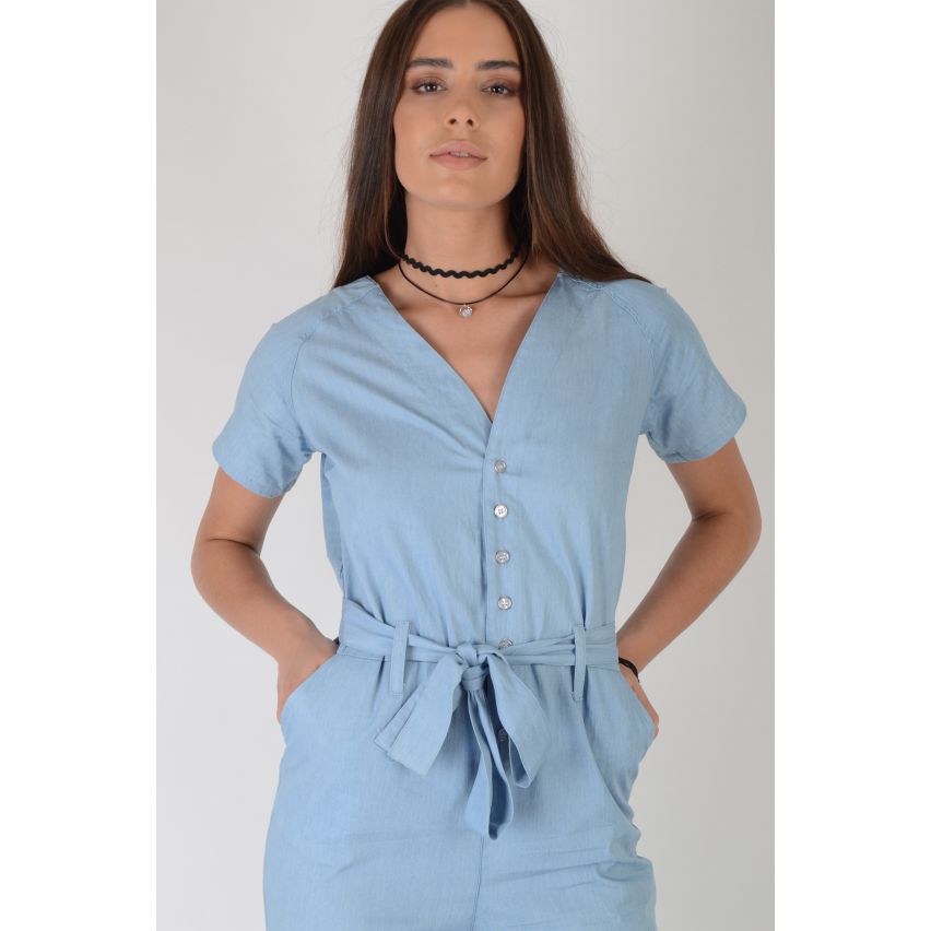 Lovemystyle Denim Jumpsuit With Button Down Front And Tie Waist - SAMPLE