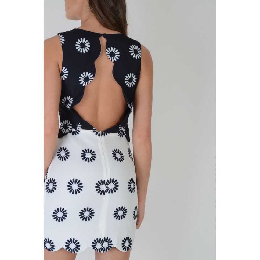 LMS Monochrome Backless Dress With Floral Print And Scalloped Hem - SAMPLE