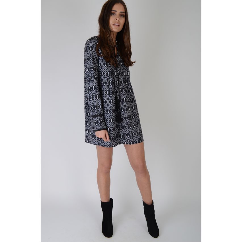 LMS Black Long Sleeved Geometric Shift Dress With Tassel Trim