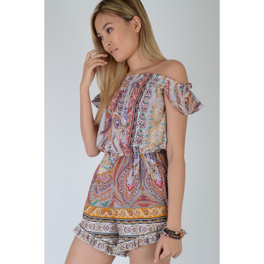 LMS Off den skuldra Paisley Playsuit med Resårlinning