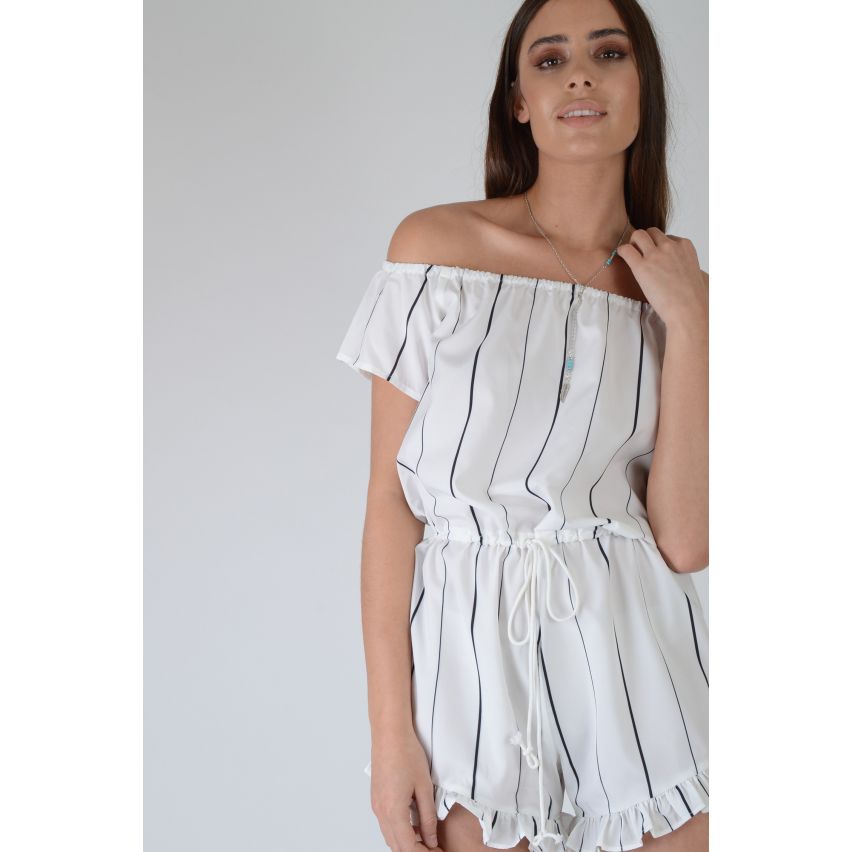 LMS Off Shoulder White Playsuit With Stripes And Frill Hem - SAMPLE