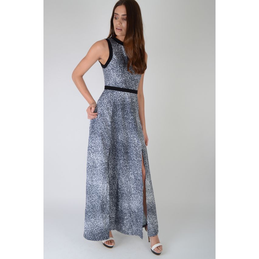 Lovemystyle Maxi Dress In Grey Animal Print With Black Waistband - SAMPLE