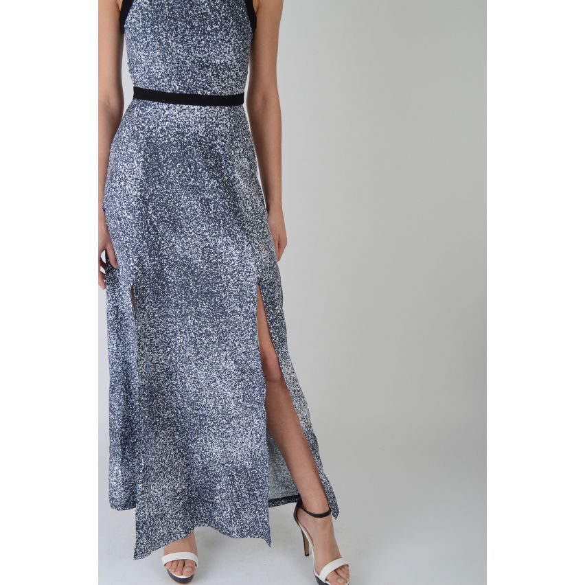 Lovemystyle Maxi Dress In Grey Animal Print With Black Waistband - SAMPLE